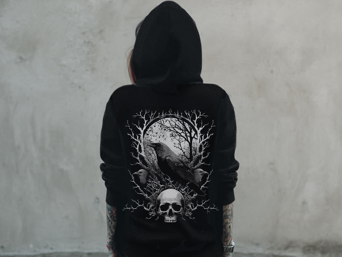 Viking Raven Hoodie - Gothic Raven Hoodie, Raven Skeleton Hoodie, Viking Raven Hoodie, Norse Raven