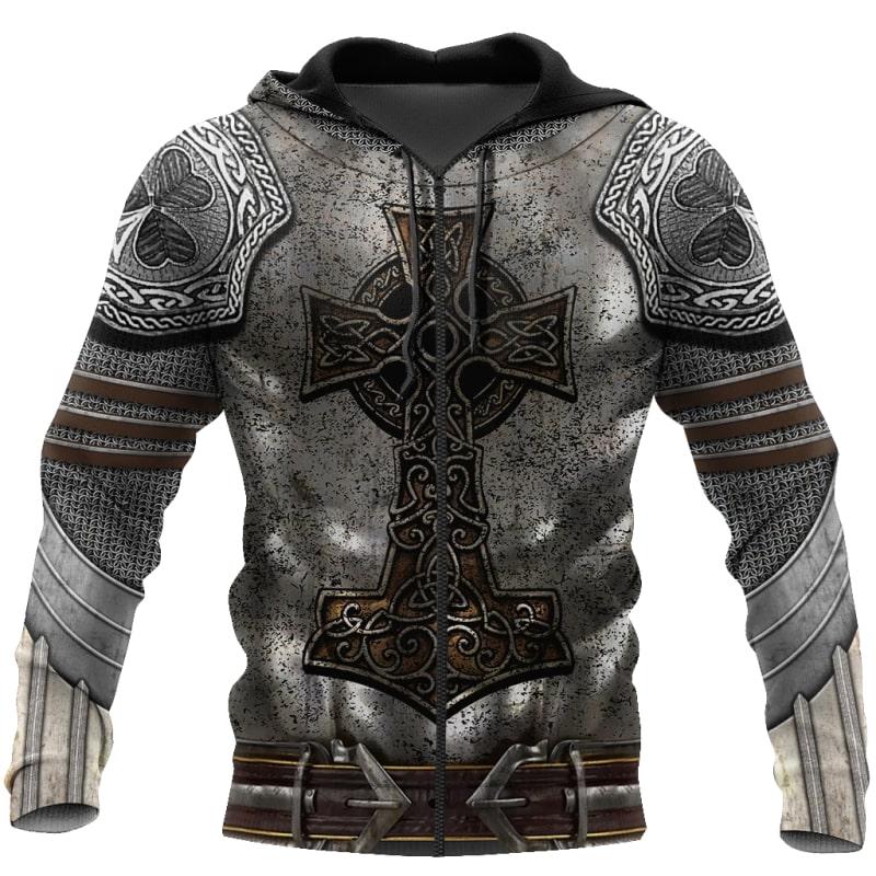 Viking Hoodie - Viking Armor Hoodie Norse Celtic Knot Warrior Zip Up Sweatshirt 3D All Over Print