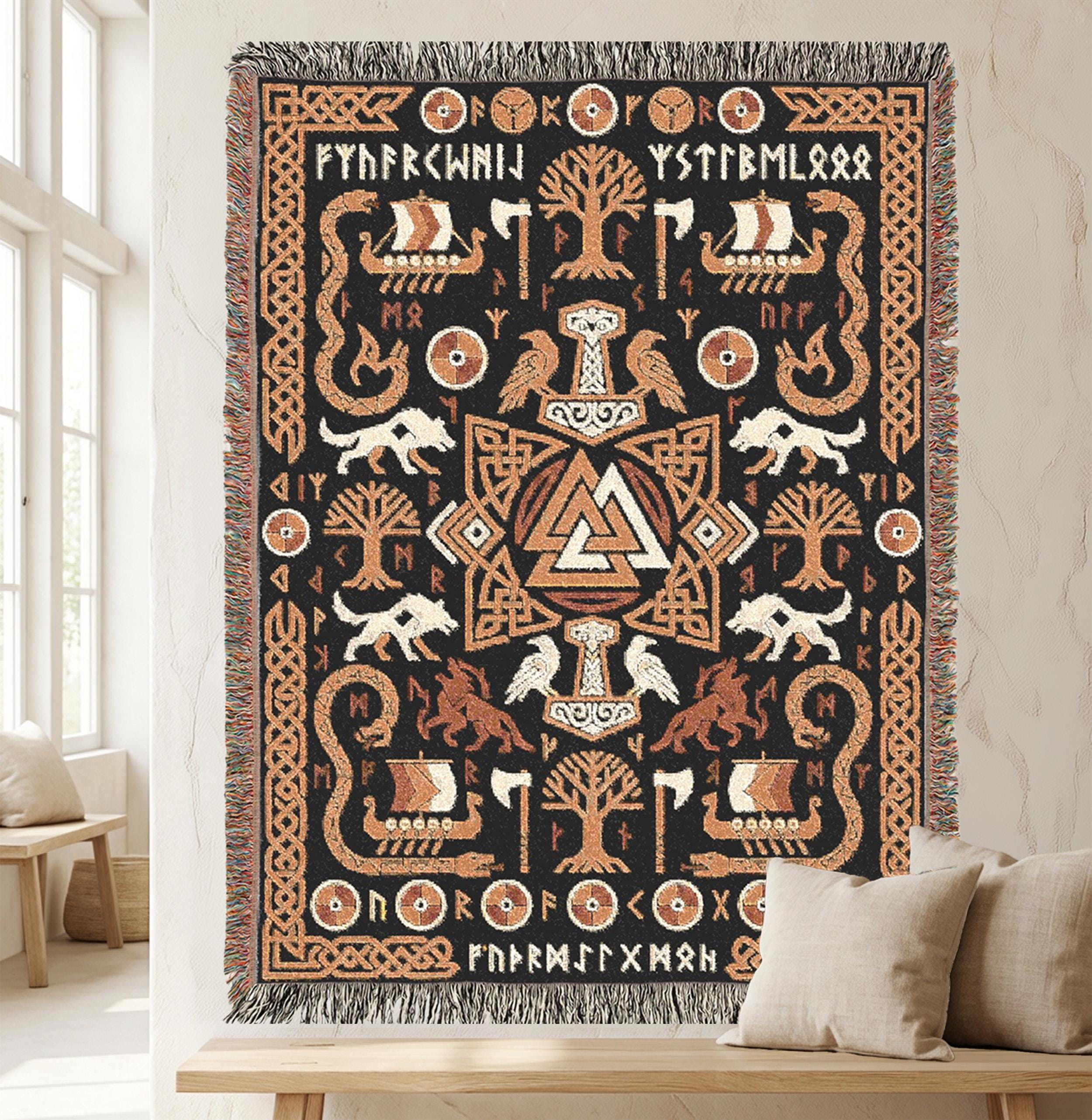 Viking Thor's Hammer Blanket - Viking Longship Woven Blanket, Norse Mythology Tapestry Throw