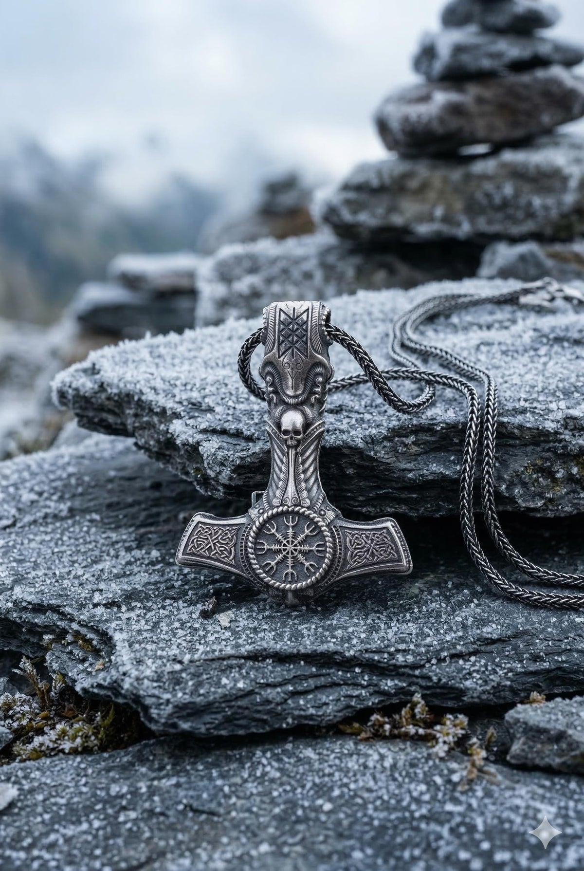 Viking Thor's Hammer Necklace - Viking Mjölnir Necklace - Thor Hammer with Skull and Rune Details