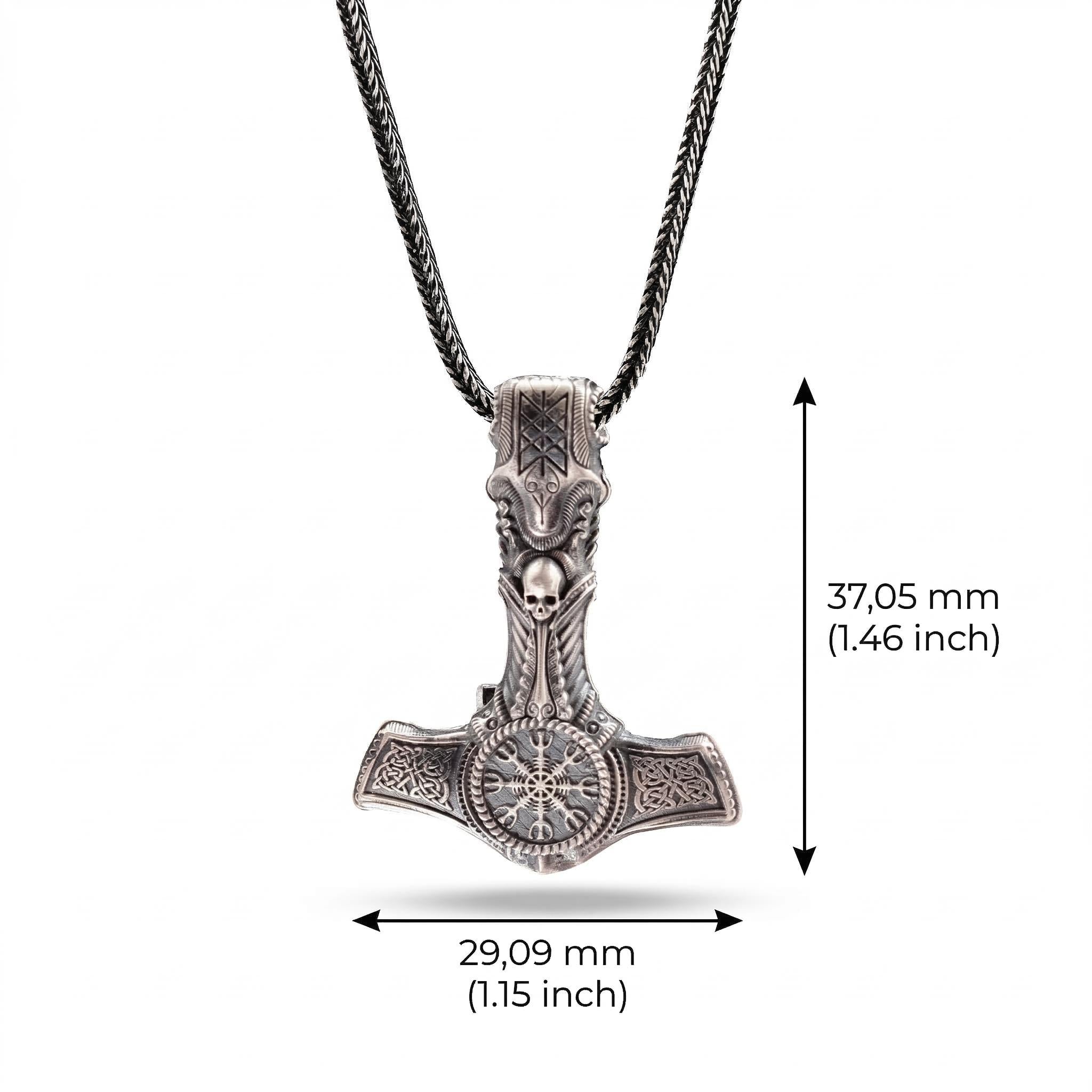 Viking Thor's Hammer Necklace - Viking Mjölnir Necklace - Thor Hammer with Skull and Rune Details
