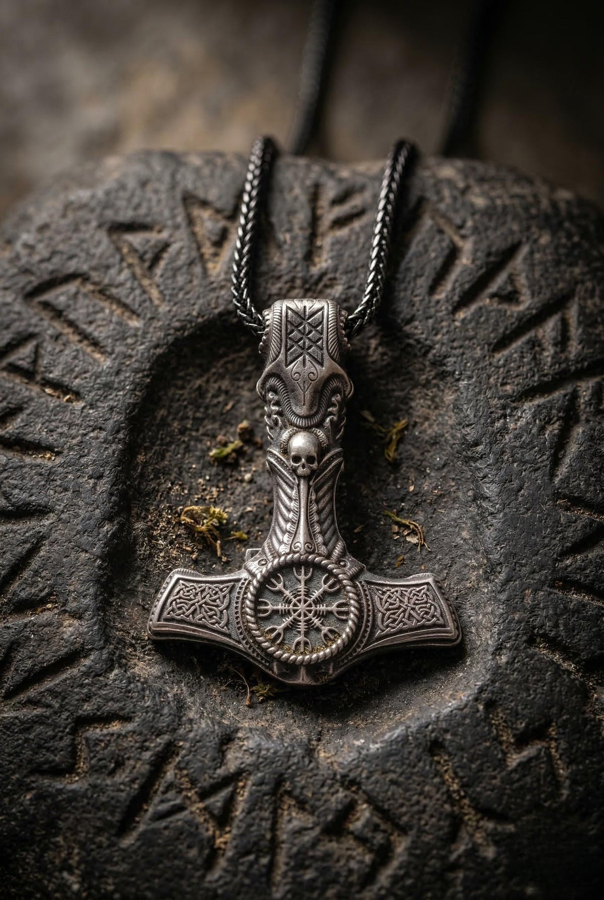 Viking Thor's Hammer Necklace - Viking Mjölnir Necklace - Thor Hammer with Skull and Rune Details