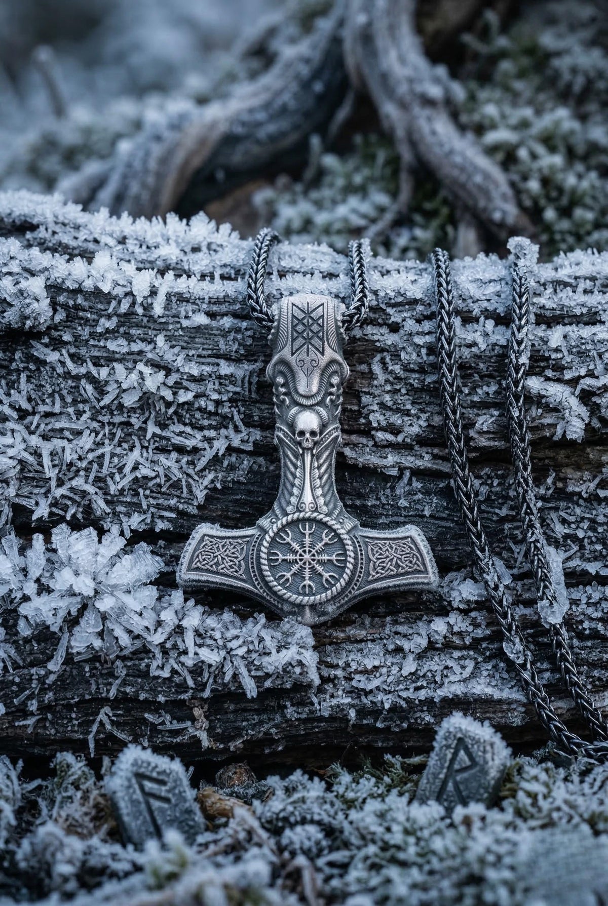 Viking Thor's Hammer Necklace - Viking Mjölnir Necklace - Thor Hammer with Skull and Rune Details