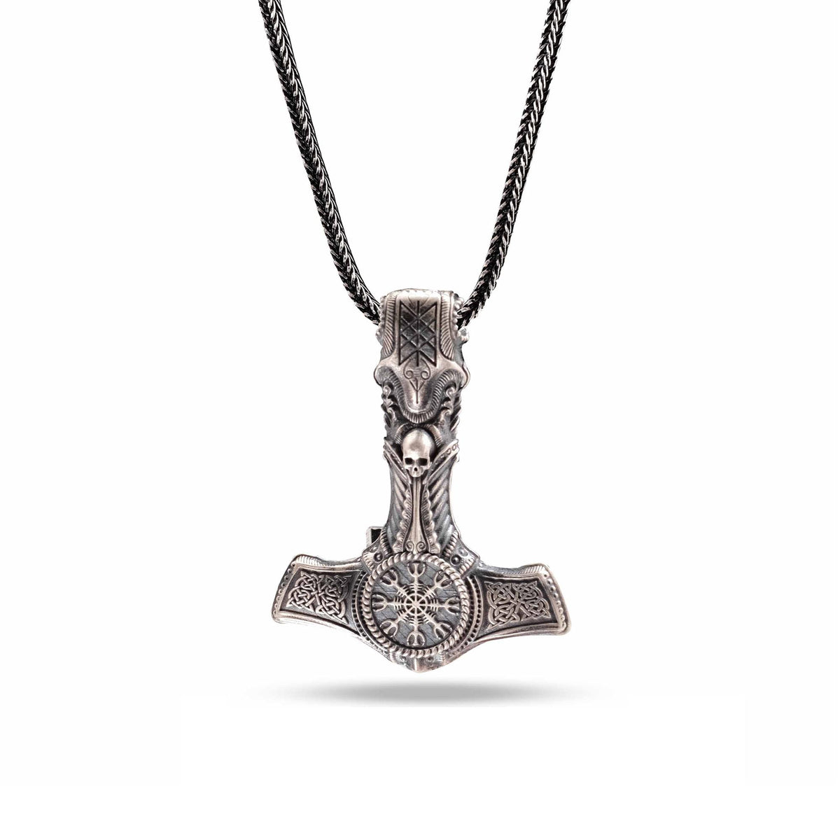 Viking Thor's Hammer Necklace - Viking Mjölnir Necklace - Thor Hammer with Skull and Rune Details