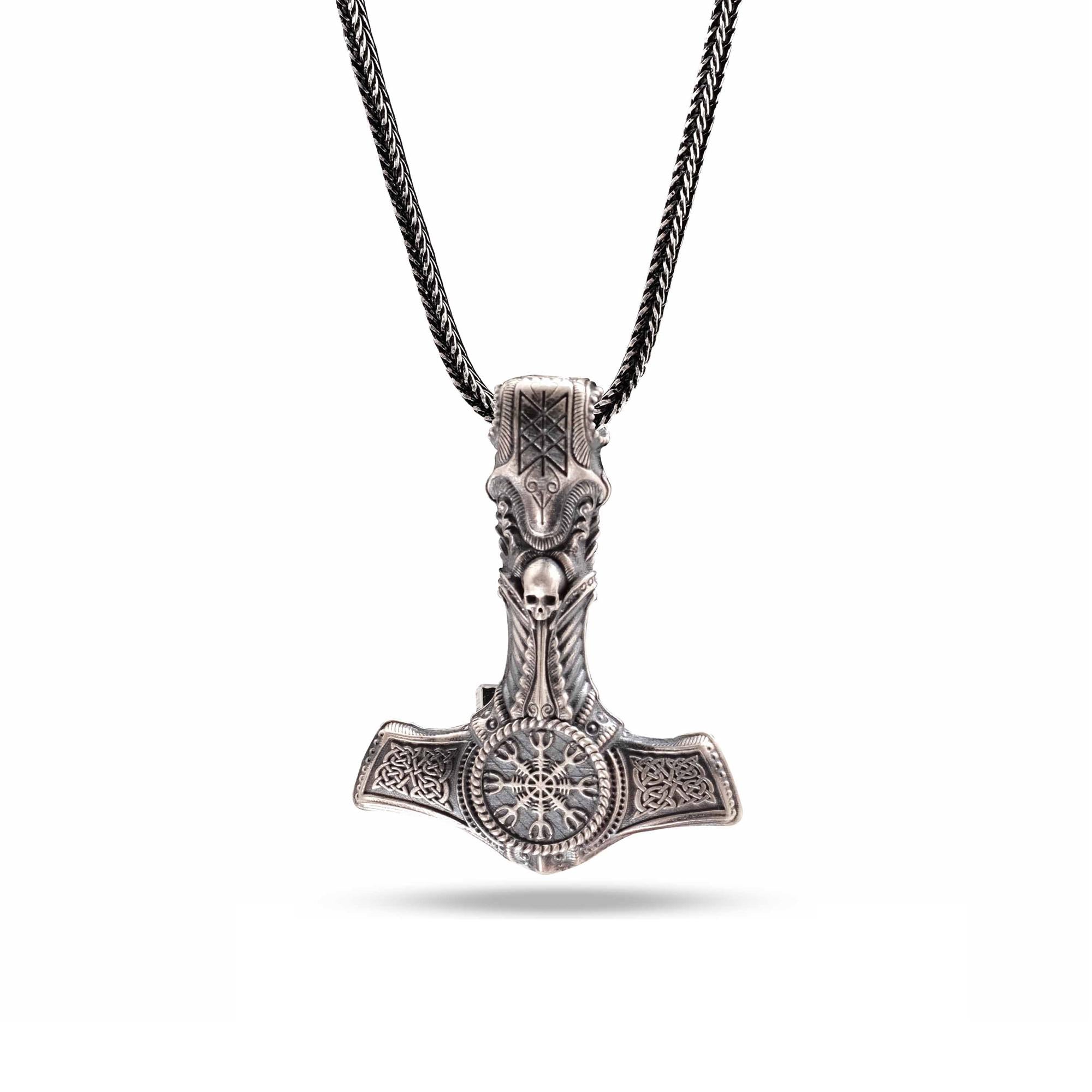 Viking Thor's Hammer Necklace - Viking Mjölnir Necklace - Thor Hammer with Skull and Rune Details