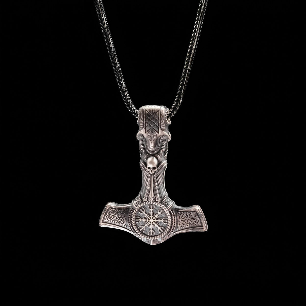 Viking Thor's Hammer Necklace - Viking Mjölnir Necklace - Thor Hammer with Skull and Rune Details