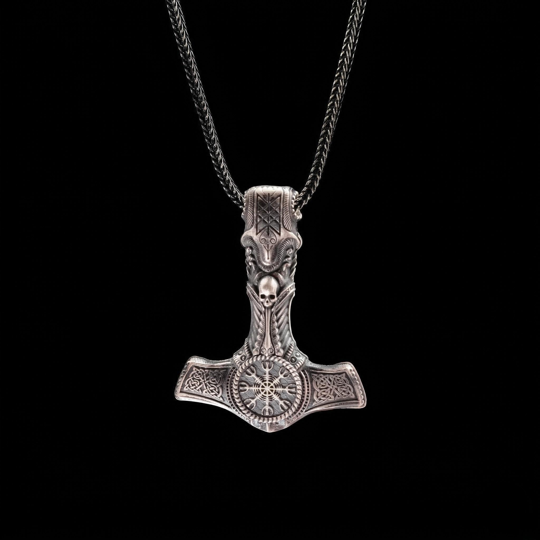 Viking Thor's Hammer Necklace - Viking Mjölnir Necklace - Thor Hammer with Skull and Rune Details