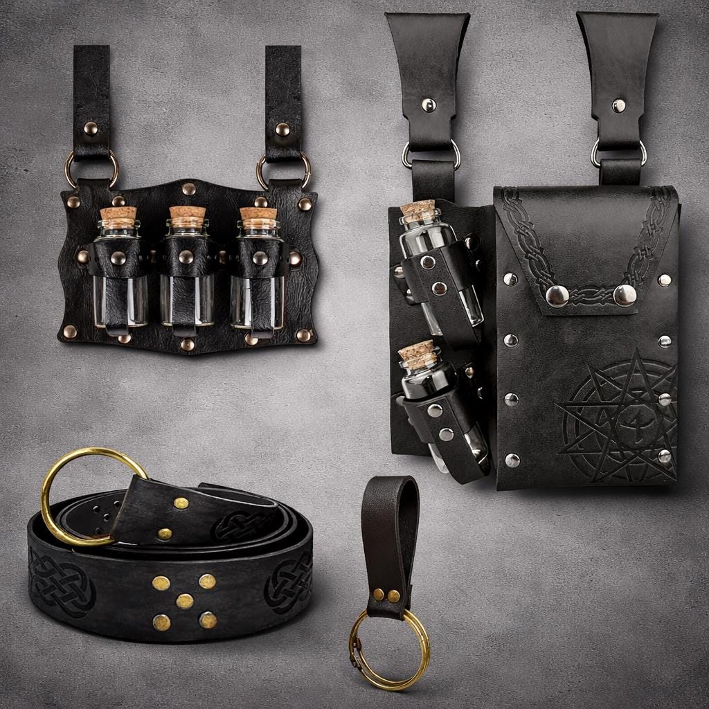Viking Costume & LARP - Medieval Leather Bracer, Belt and Pouch for Halloween Cosplay, Viking