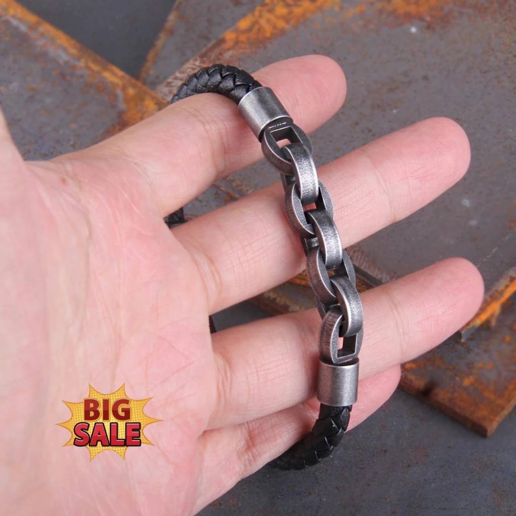 Viking Bracelet - Viking Leather Bracelet Men, Braided Black Leather Chain Bracelet, Norse Warrior