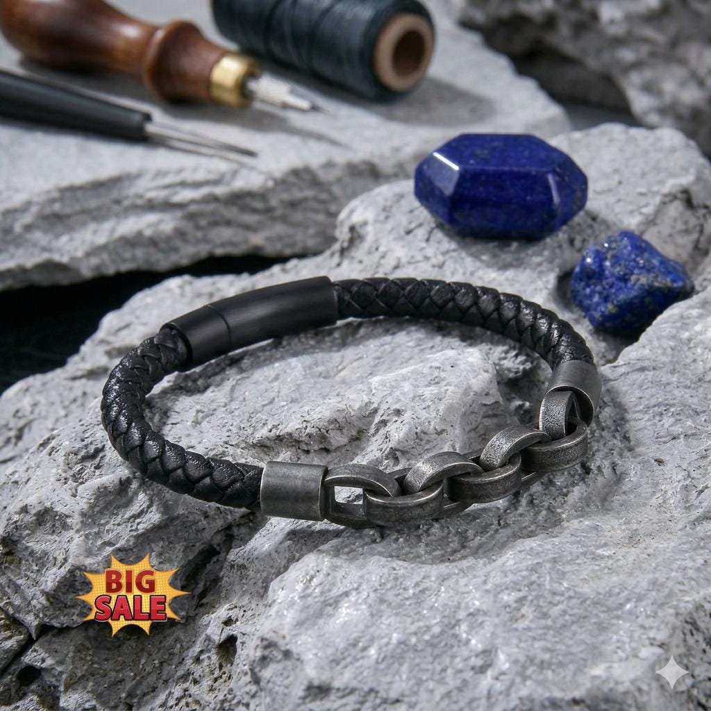 Viking Bracelet - Viking Leather Bracelet Men, Braided Black Leather Chain Bracelet, Norse Warrior