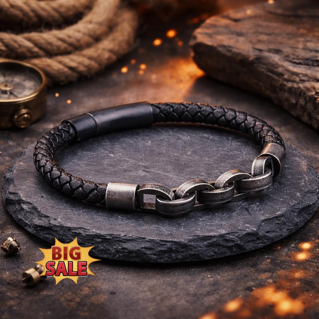 Viking Thor's Hammer Bracelet - Mjolnir Bracelet with Thor Hammer, Braided Viking Leather Bracelet