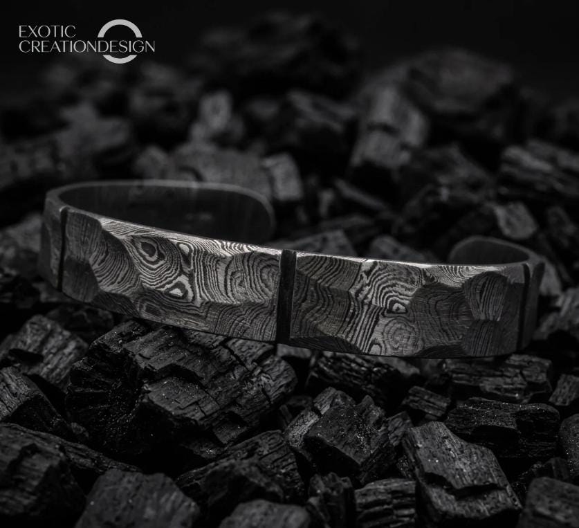 Viking Bracelet - Hand Forged Damascus Steel Viking Cuff Bracelet, Rustic Nordic Bangle