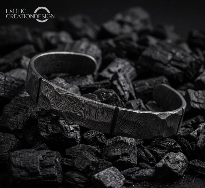 Viking Bracelet - Hand Forged Damascus Steel Viking Cuff Bracelet, Rustic Nordic Bangle