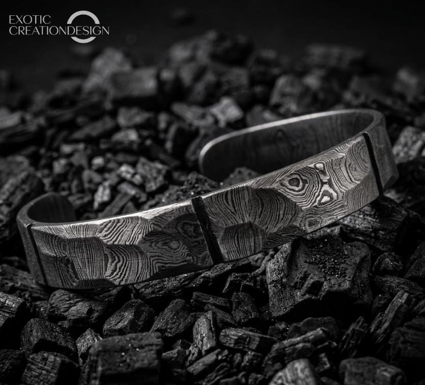 Viking Bracelet - Hand Forged Damascus Steel Viking Cuff Bracelet, Rustic Nordic Bangle