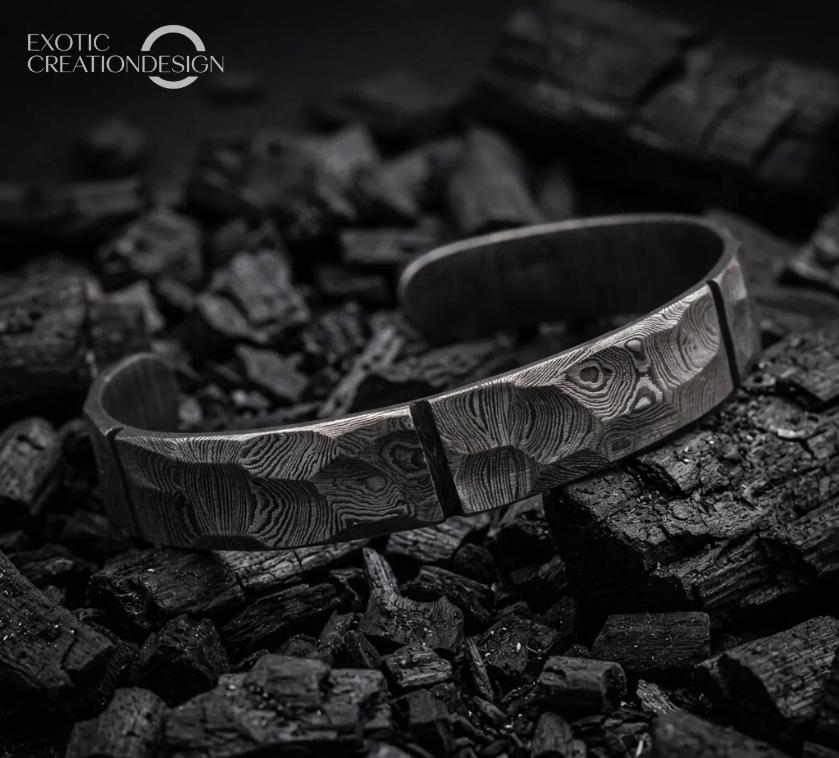 Viking Bracelet - Hand Forged Damascus Steel Viking Cuff Bracelet, Rustic Nordic Bangle