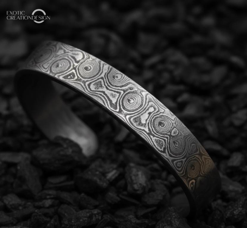 Viking Bracelet - Hand Forged Damascus Steel Viking Cuff Bracelet, Rustic Nordic Bangle