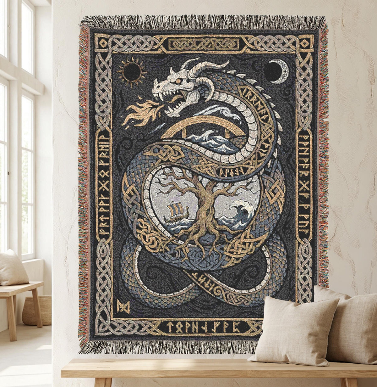 Viking Blanket - Scandinavian Aesthetic Viking Dragon Sherpa/Velvet Blanket - Unique Gift for