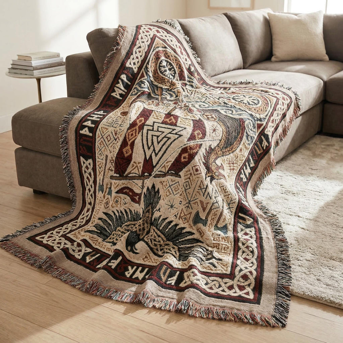 Viking Thor's Hammer Blanket - Viking Longship Woven Blanket, Norse Mythology Tapestry Throw