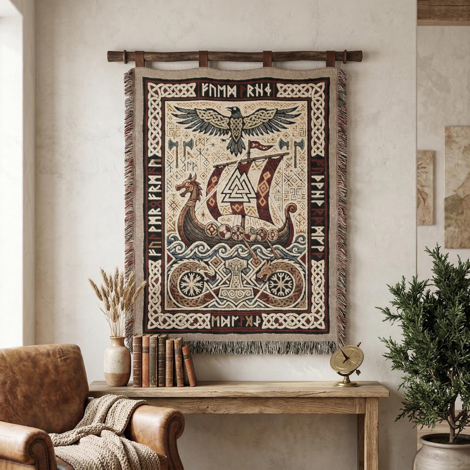 Viking Thor's Hammer Blanket - Viking Longship Woven Blanket, Norse Mythology Tapestry Throw