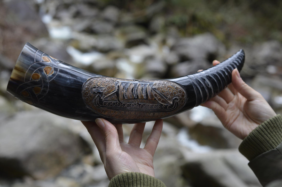 Viking Longship Home Decor - Viking Valor" Carved Longship Horn Vessel (12-18 Inch) with Burnt Wood