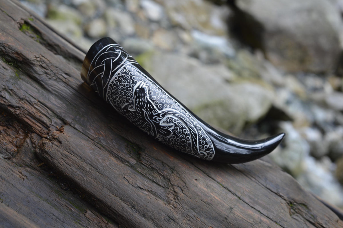 Viking Longship Home Decor - Viking Valor" Carved Longship Horn Vessel (12-18 Inch) with Burnt Wood