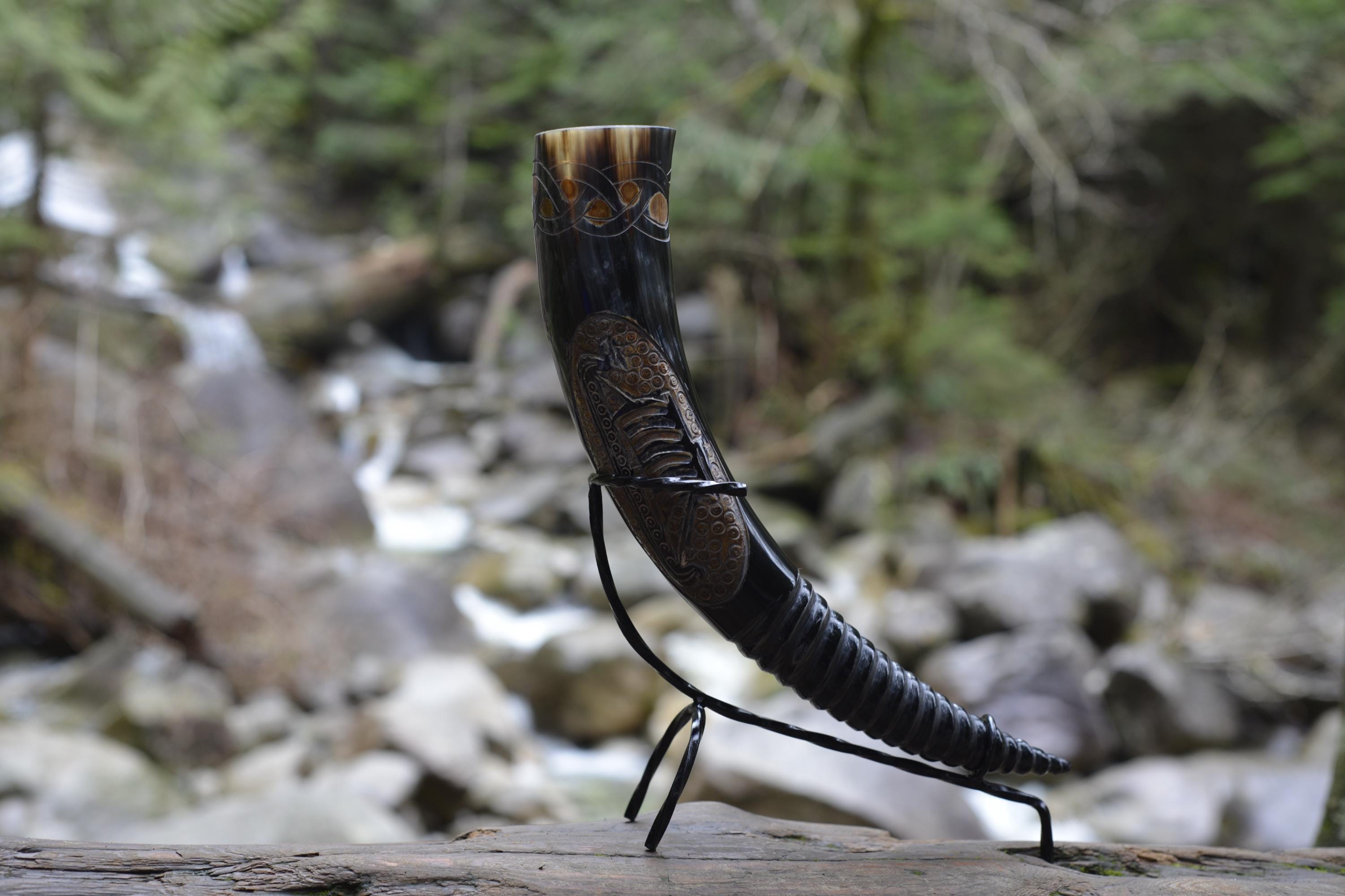 Viking Longship Home Decor - Viking Valor" Carved Longship Horn Vessel (12-18 Inch) with Burnt Wood
