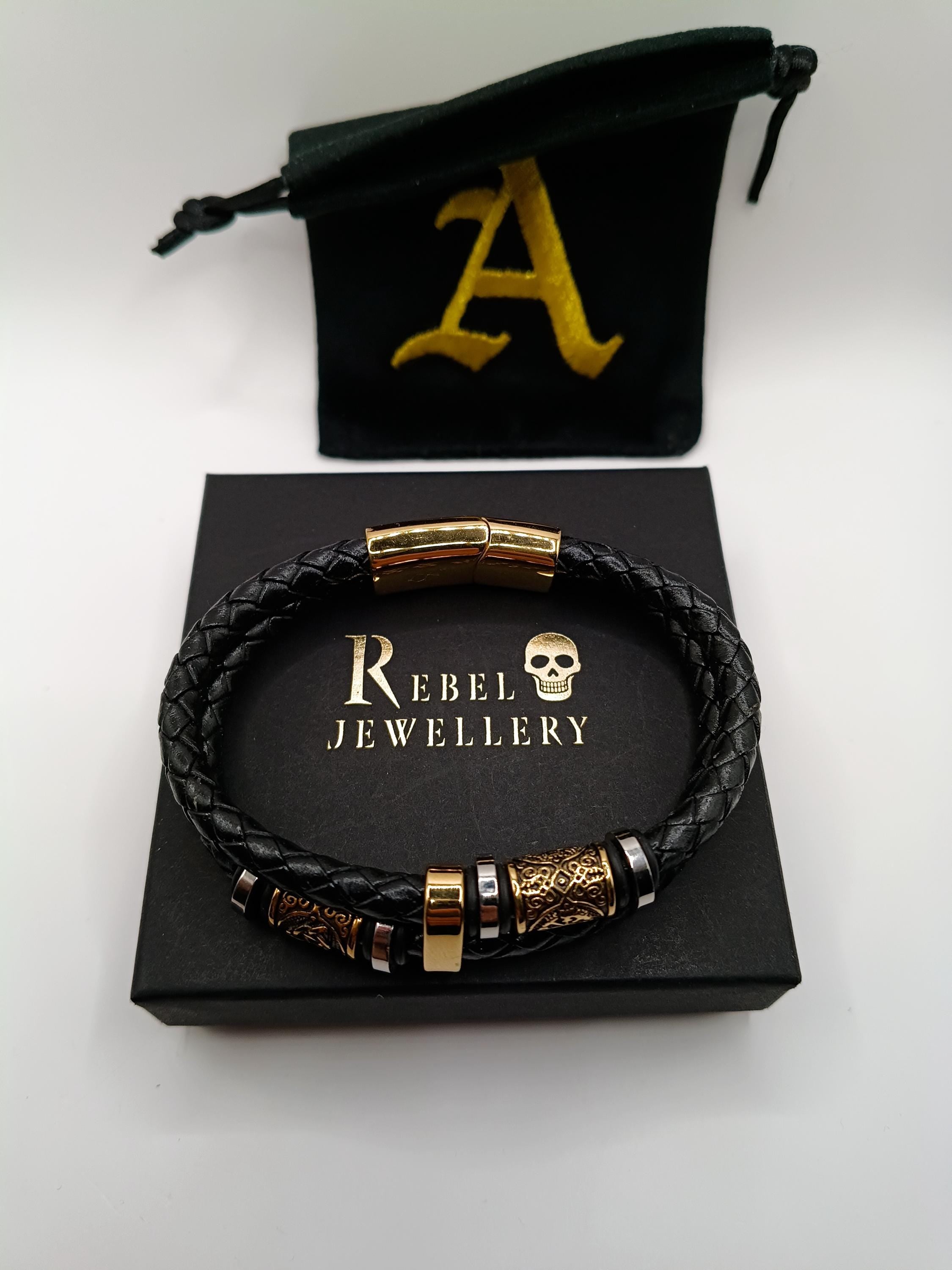 Viking Bracelet - Mens Nordic viking rhune mens leather bracelet gold and black braided. Stainless