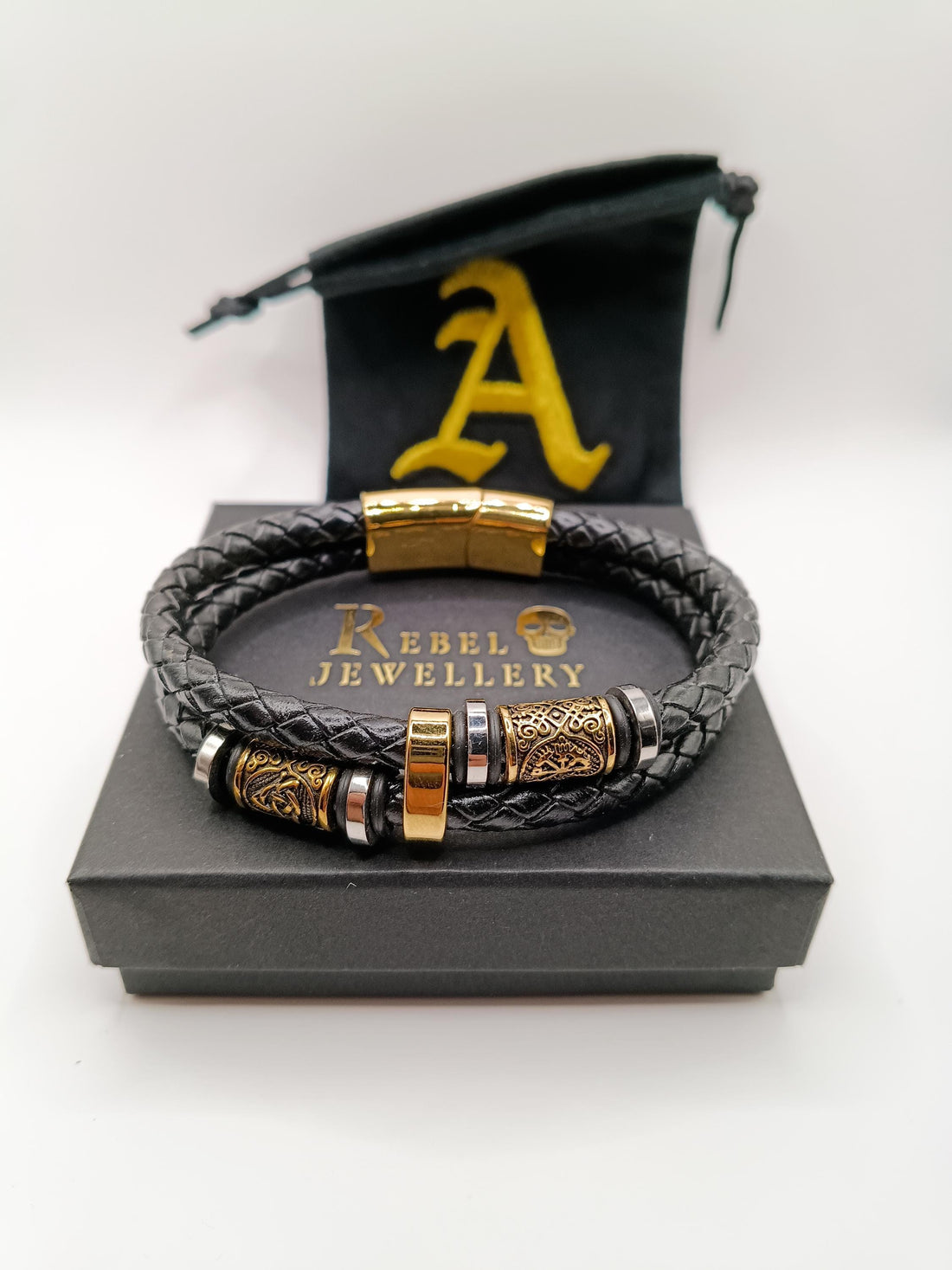 Viking Bracelet - Mens Nordic viking rhune mens leather bracelet gold and black braided. Stainless
