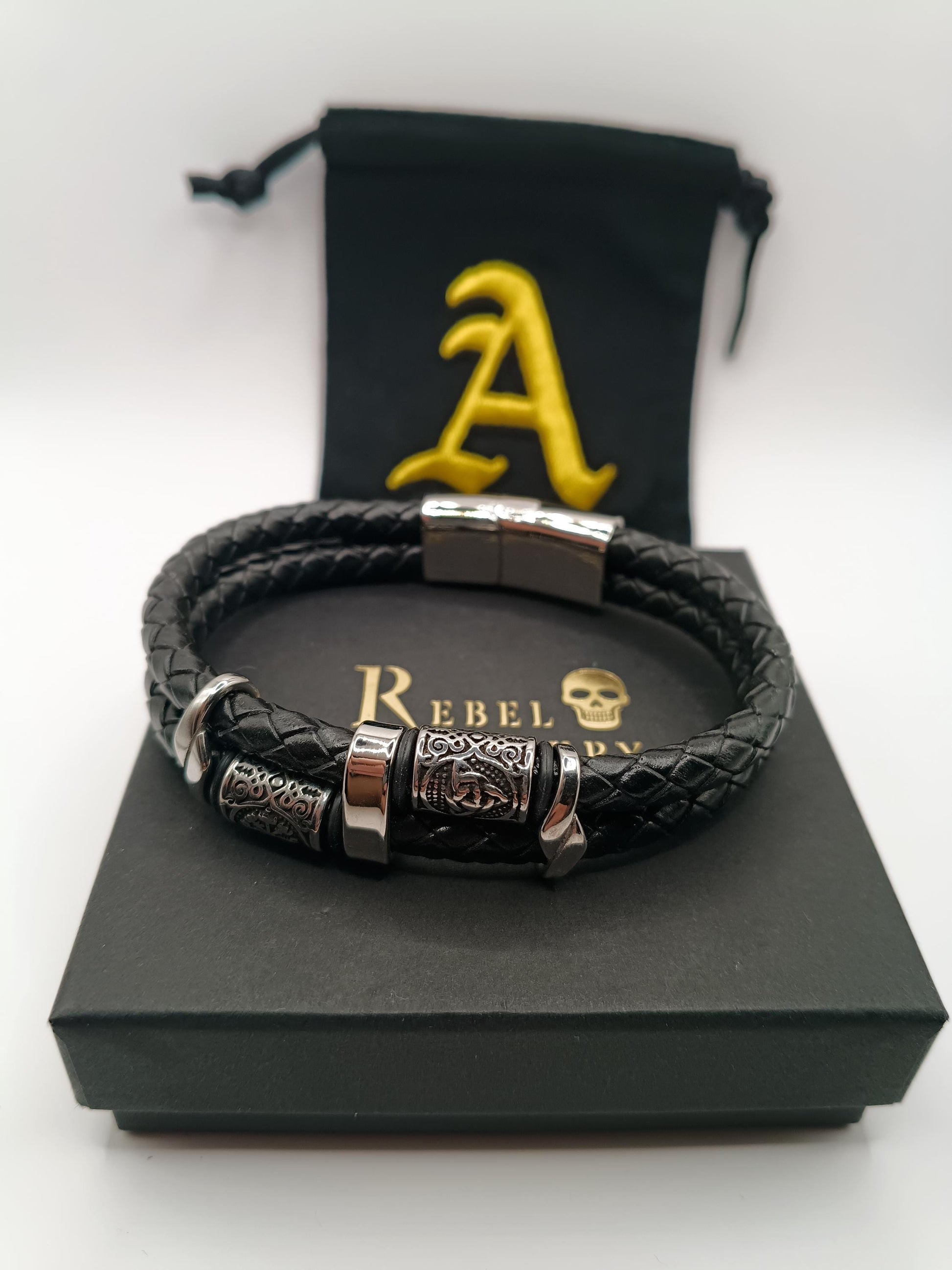 Viking Bracelet - Mens Nordic viking rhune mens leather bracelet gold and black braided. Stainless