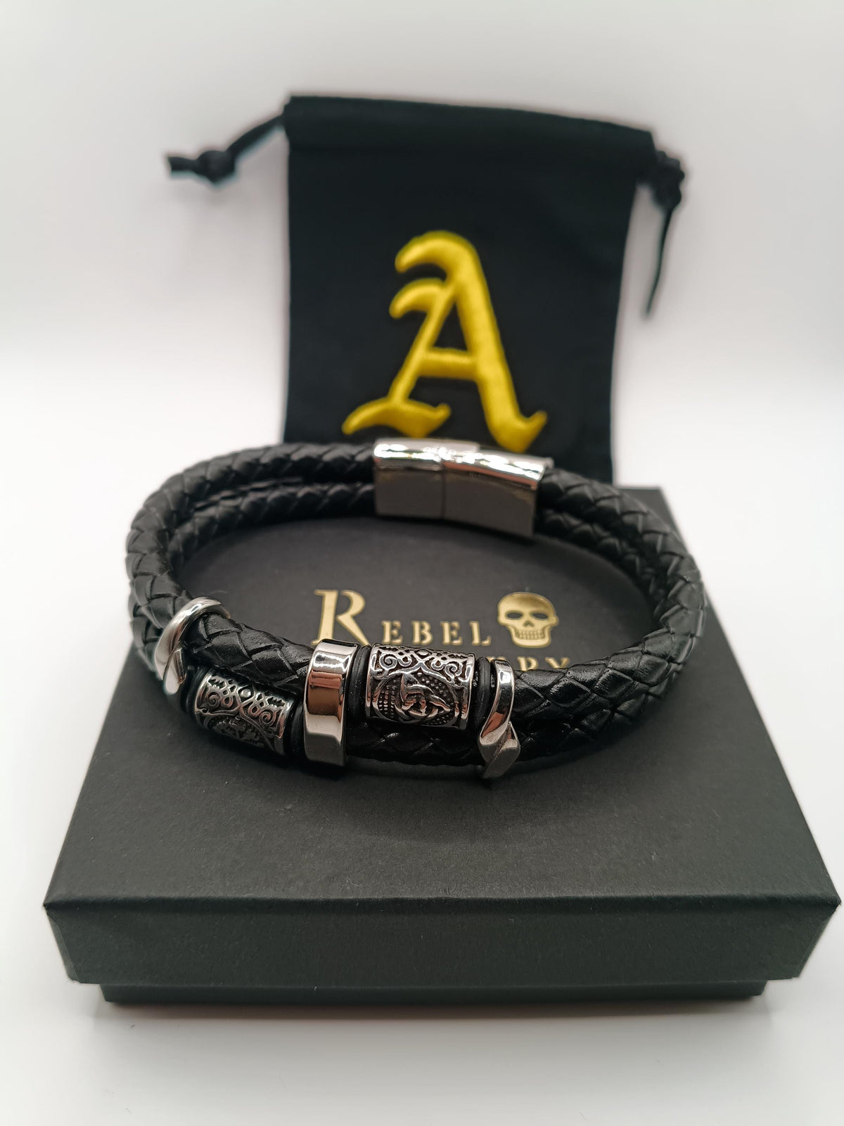 Viking Bracelet - Mens Nordic viking rhune mens leather bracelet gold and black braided. Stainless