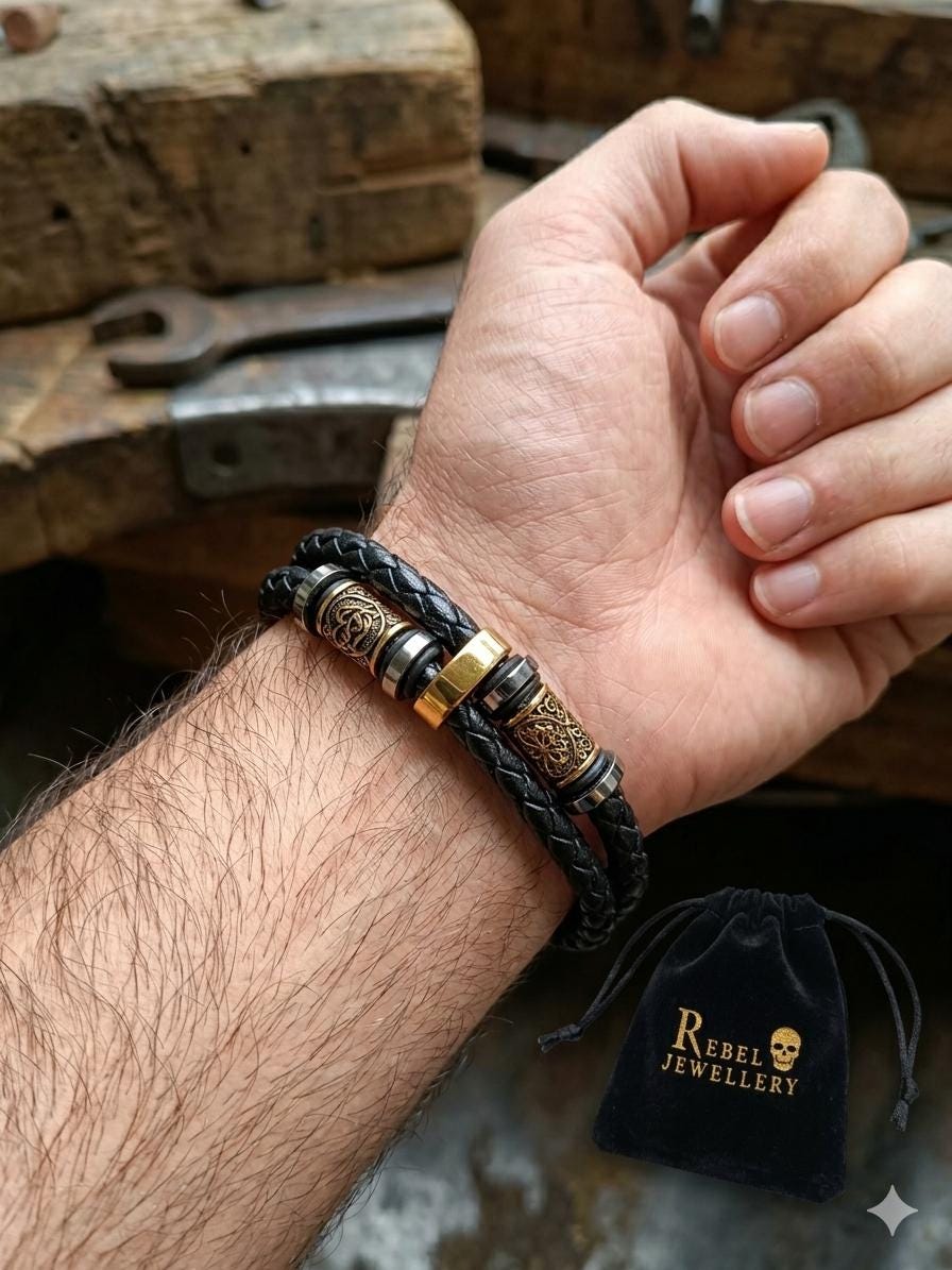 Viking Bracelet - Mens Nordic viking rhune mens leather bracelet gold and black braided. Stainless