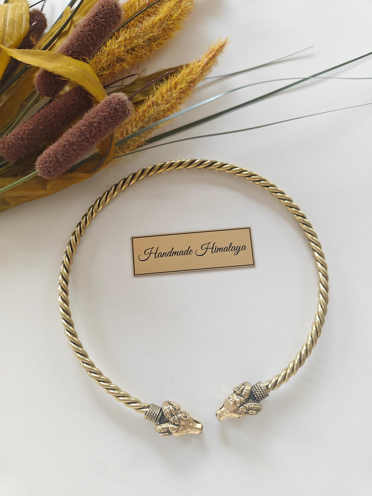 Viking Necklace - Celtic Ram Head Torc, Brass Twisted Wire Choker, Viking Cosplay Hasli Jewelry