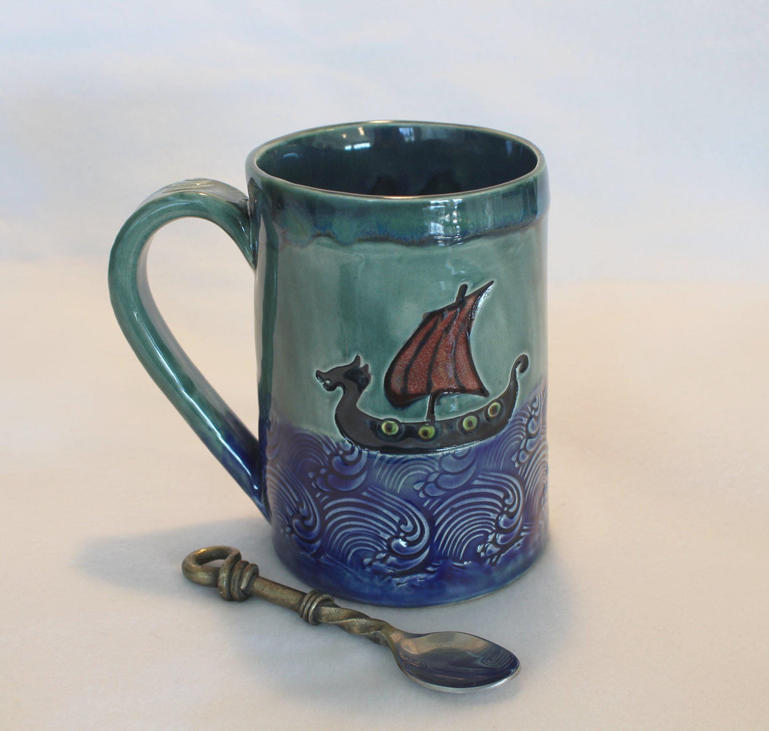 Viking Mug - Viking War Ship on the High Seas Ceramic Mug, Handmade Stoneware Pottery