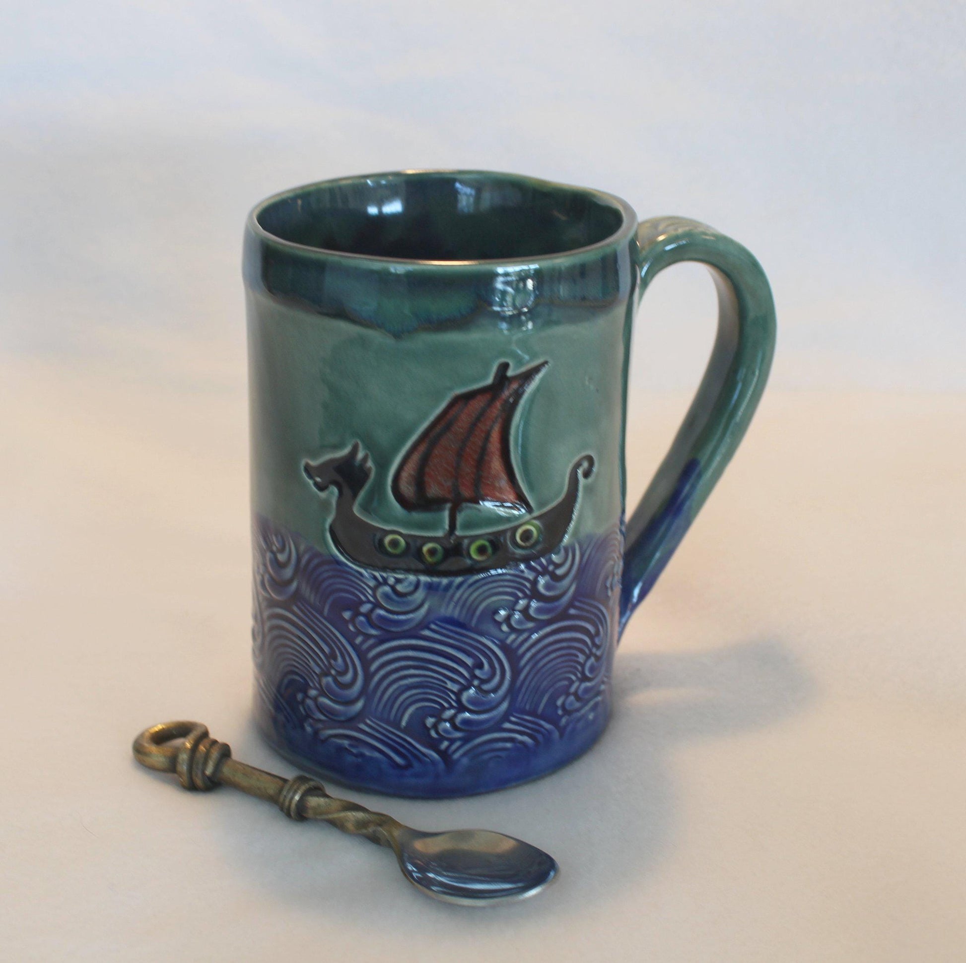 Viking Mug - Viking War Ship on the High Seas Ceramic Mug, Handmade Stoneware Pottery