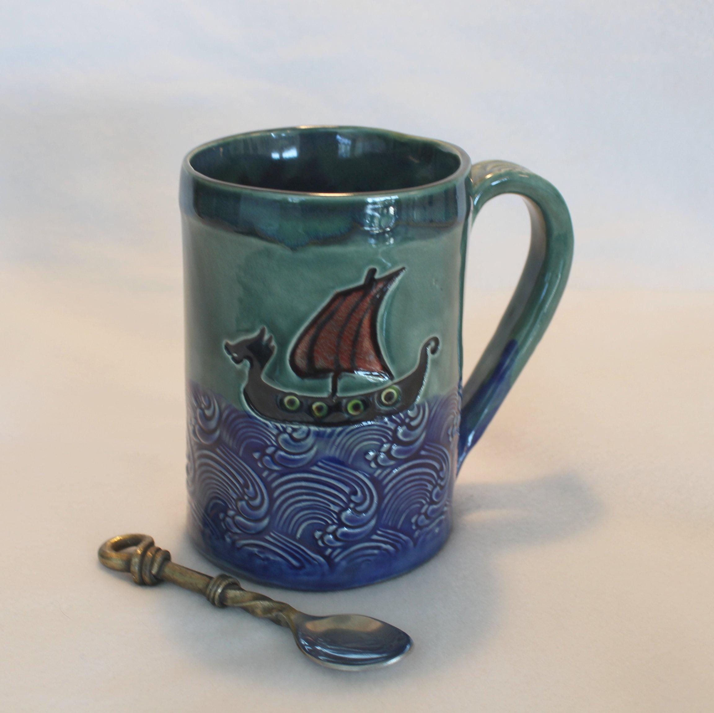 Viking Mug - Viking War Ship on the High Seas Ceramic Mug, Handmade Stoneware Pottery