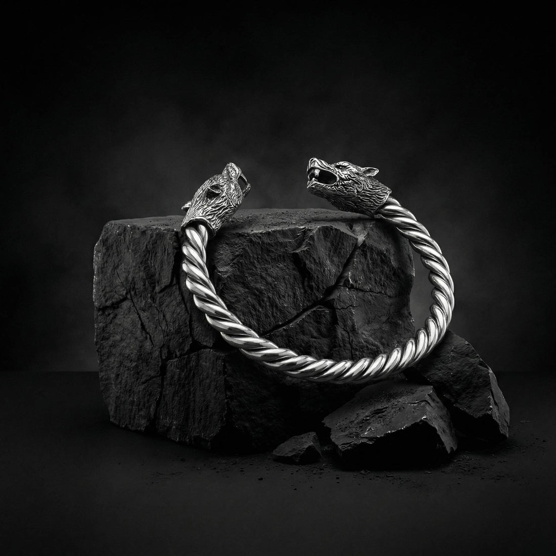 Viking Wolf Bracelet - Sterling Silver Wolf Head Torque Bangle – Nordic Viking Twisted Cuff