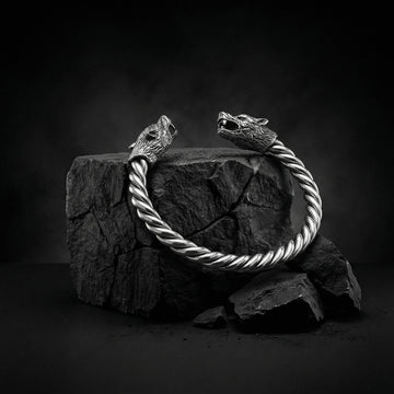 Viking Wolf Bracelet - Sterling Silver Wolf Head Torque Bangle – Nordic Viking Twisted Cuff