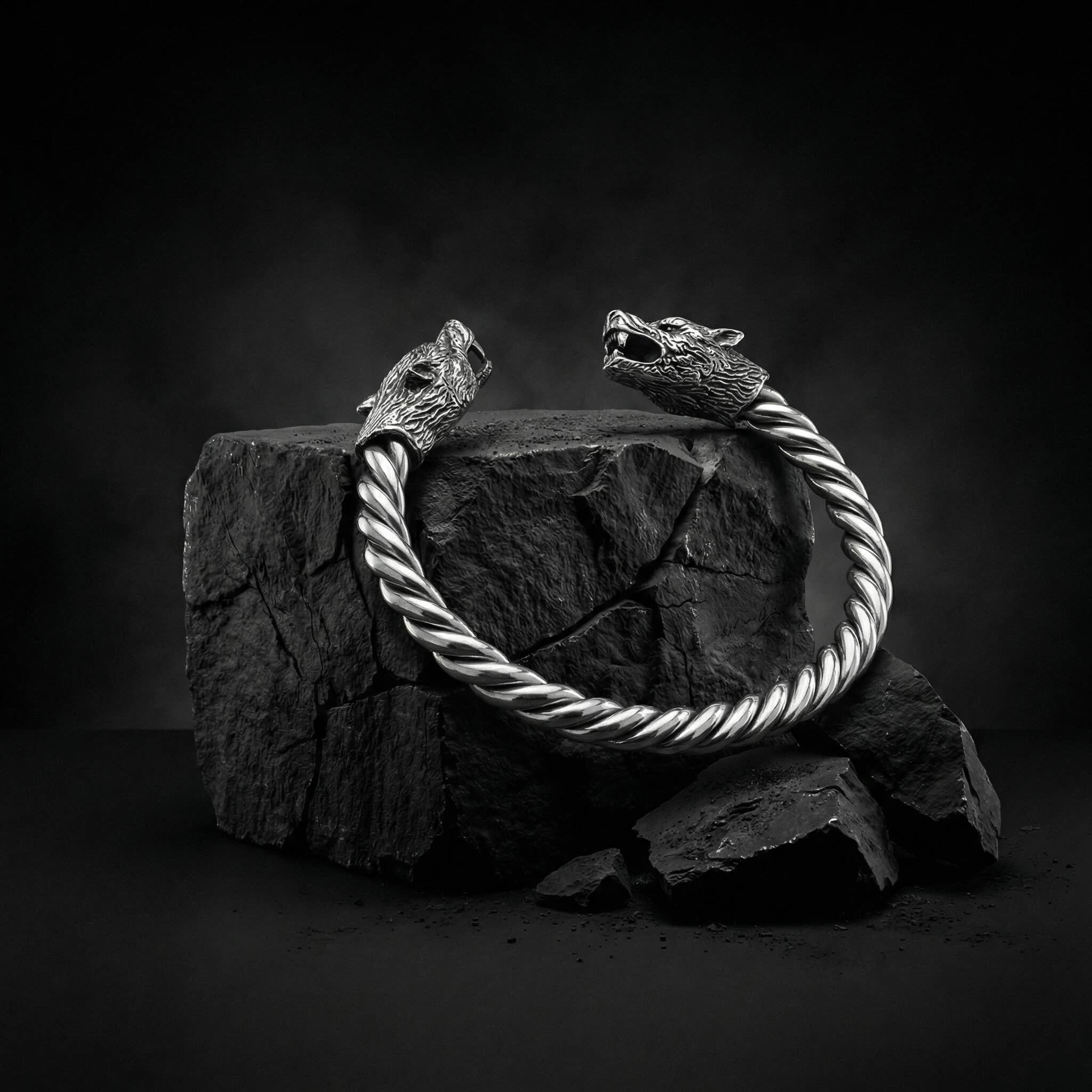 Viking Wolf Bracelet - Sterling Silver Viking Wolf Bracelet with Runes – Nordic Mythology Jewelry