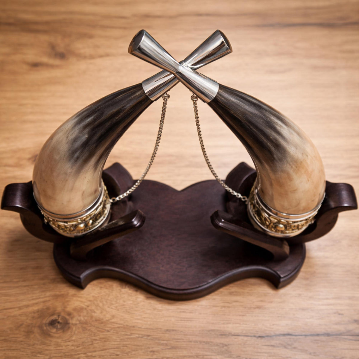 Viking Mug - Viking Drinking Horn Set with Wood Stand – Handcrafted Silver Filigree Norse Decor