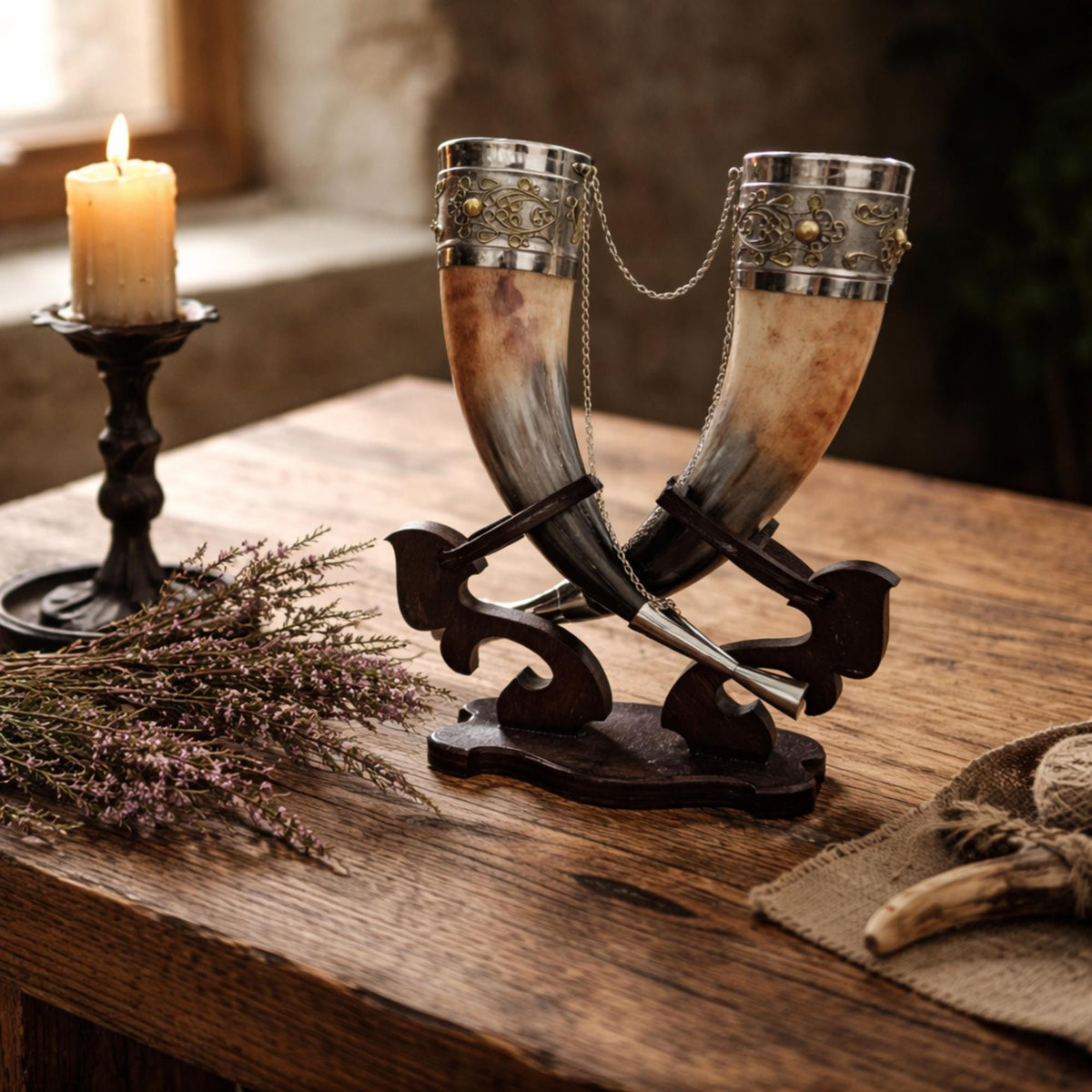 Viking Mug - Viking Drinking Horn Set with Wood Stand – Handcrafted Silver Filigree Norse Decor