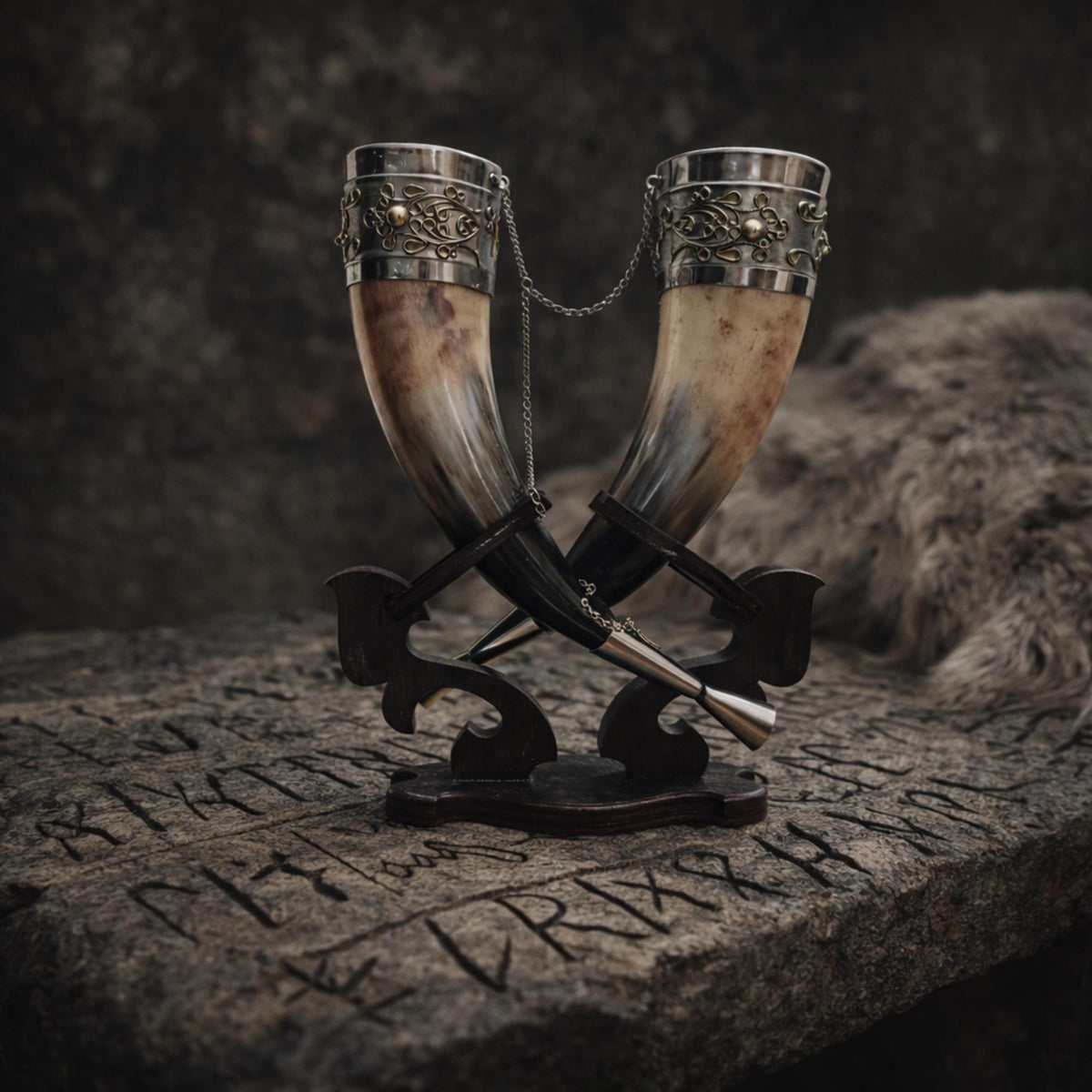 Viking Mug - Viking Drinking Horn Set with Wood Stand – Handcrafted Silver Filigree Norse Decor