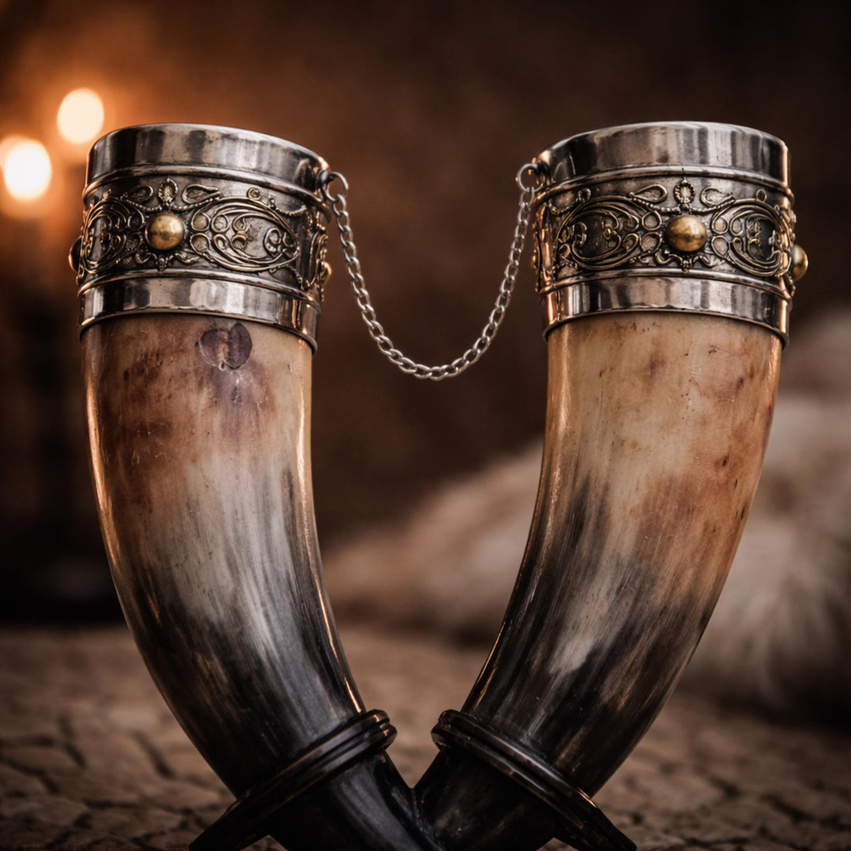 Viking Mug - Viking Drinking Horn Set with Wood Stand – Handcrafted Silver Filigree Norse Decor