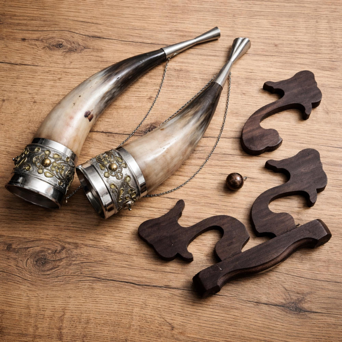 Viking Mug - Viking Drinking Horn Set with Wood Stand – Handcrafted Silver Filigree Norse Decor