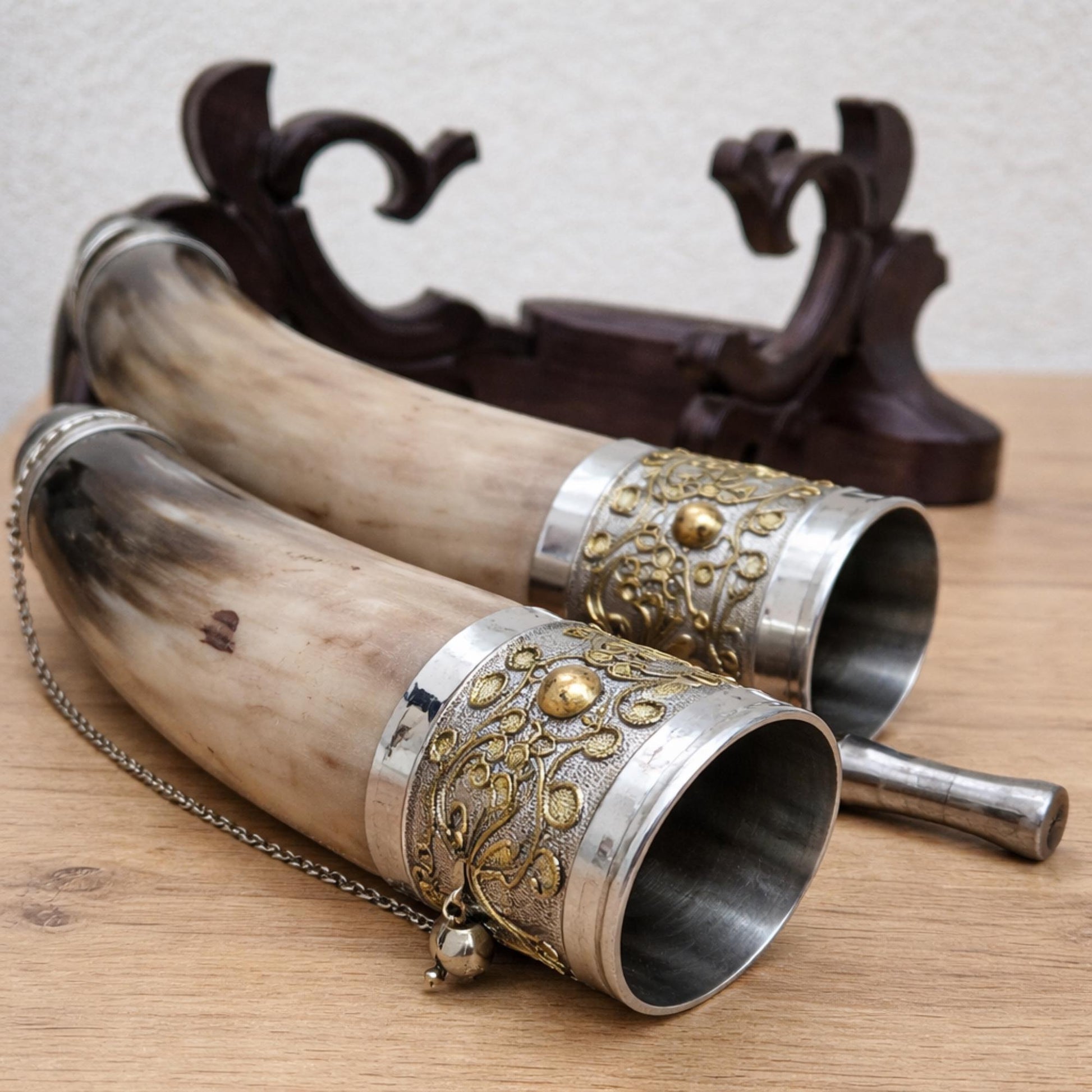 Viking Mug - Viking Drinking Horn Set with Wood Stand – Handcrafted Silver Filigree Norse Decor
