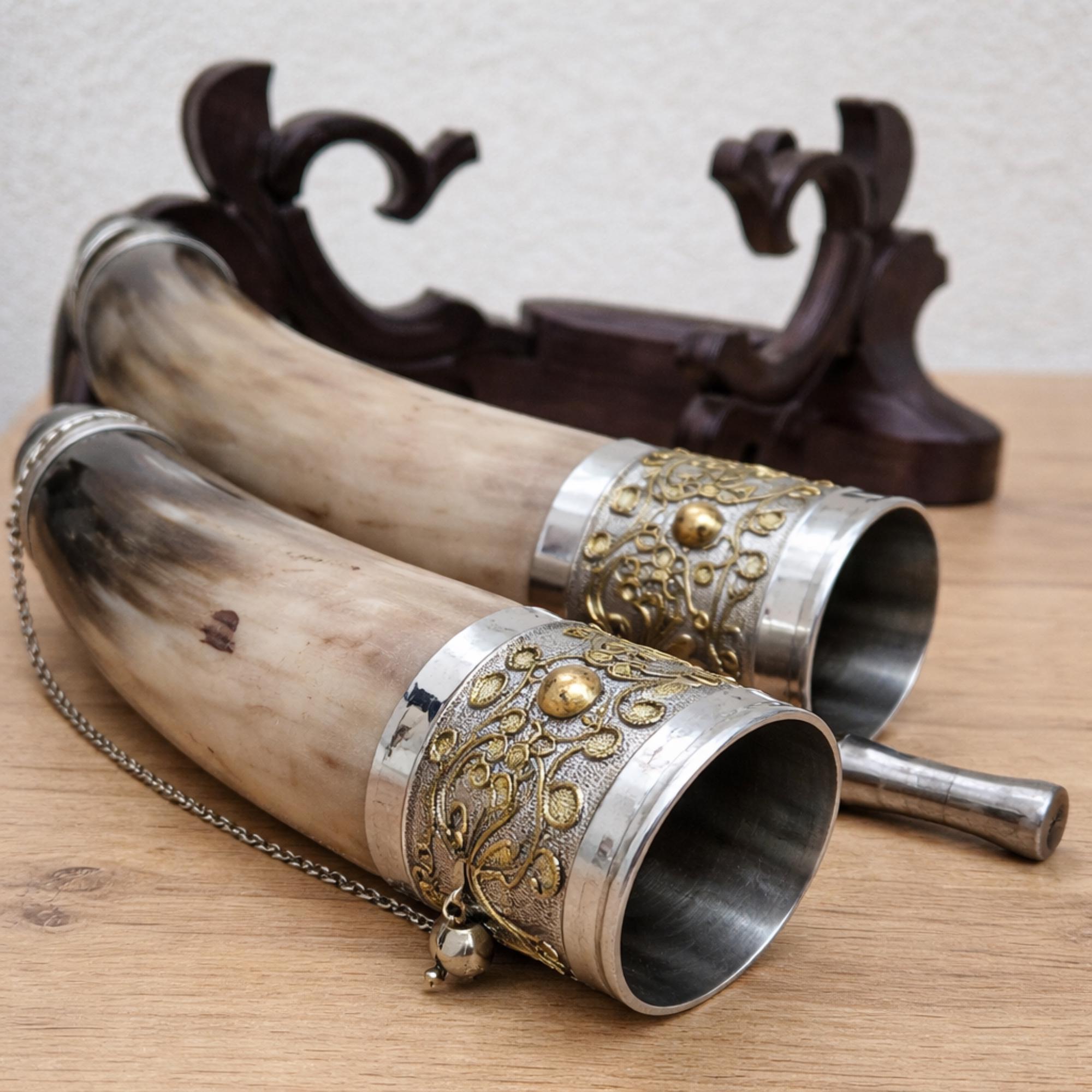 Viking Mug - Viking Drinking Horn Set with Wood Stand – Handcrafted Silver Filigree Norse Decor