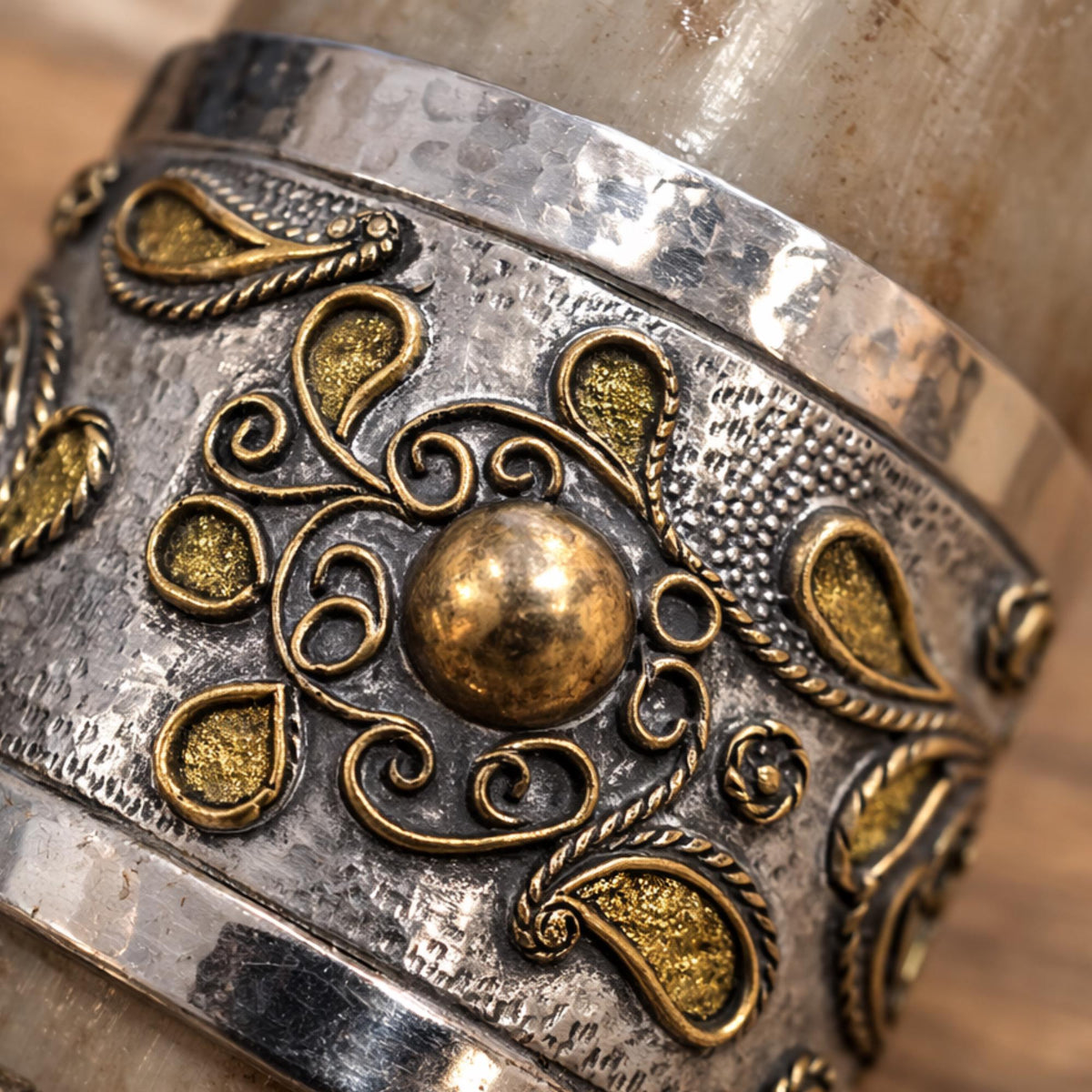Viking Mug - Viking Drinking Horn Set with Wood Stand – Handcrafted Silver Filigree Norse Decor
