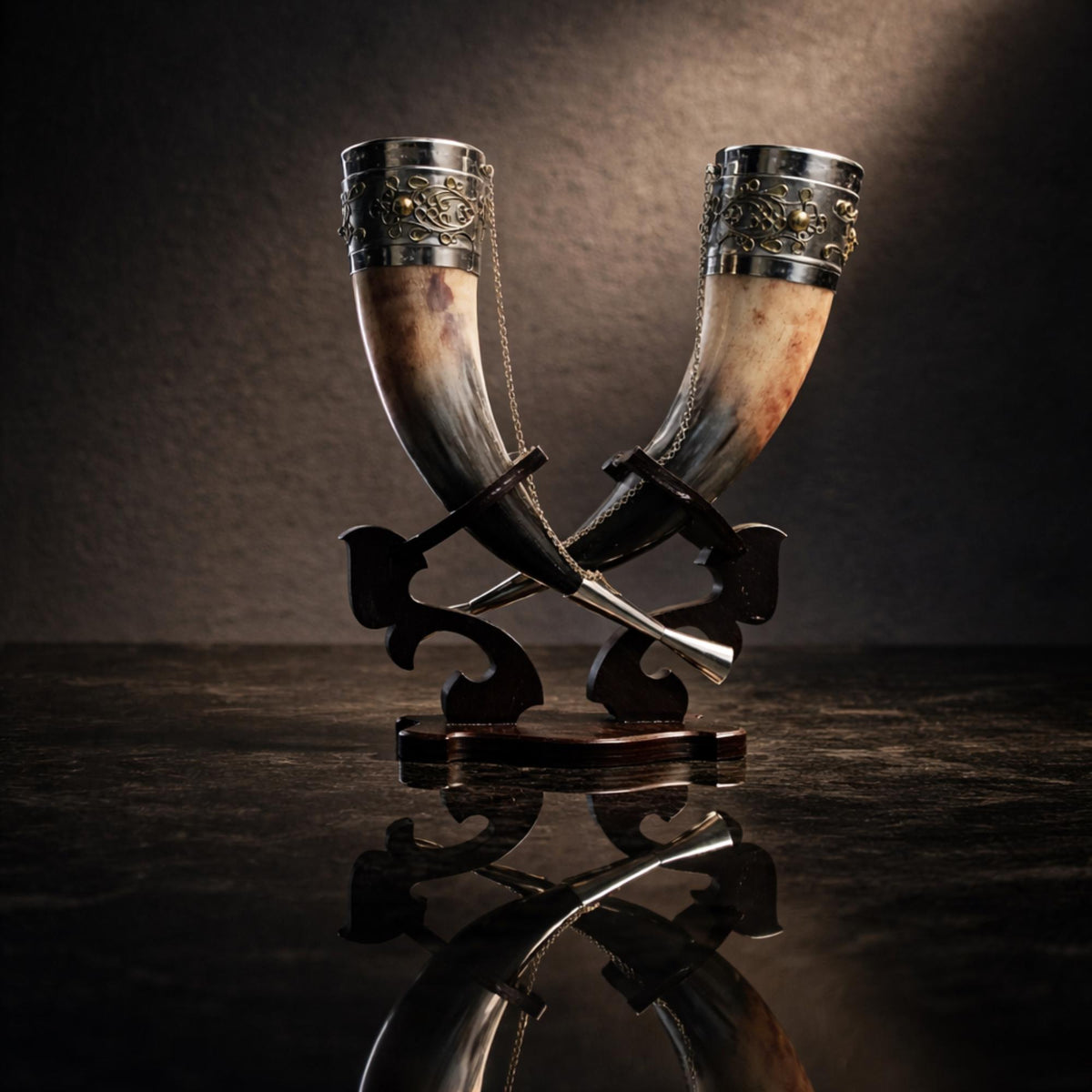 Viking Mug - Viking Drinking Horn Set with Wood Stand – Handcrafted Silver Filigree Norse Decor