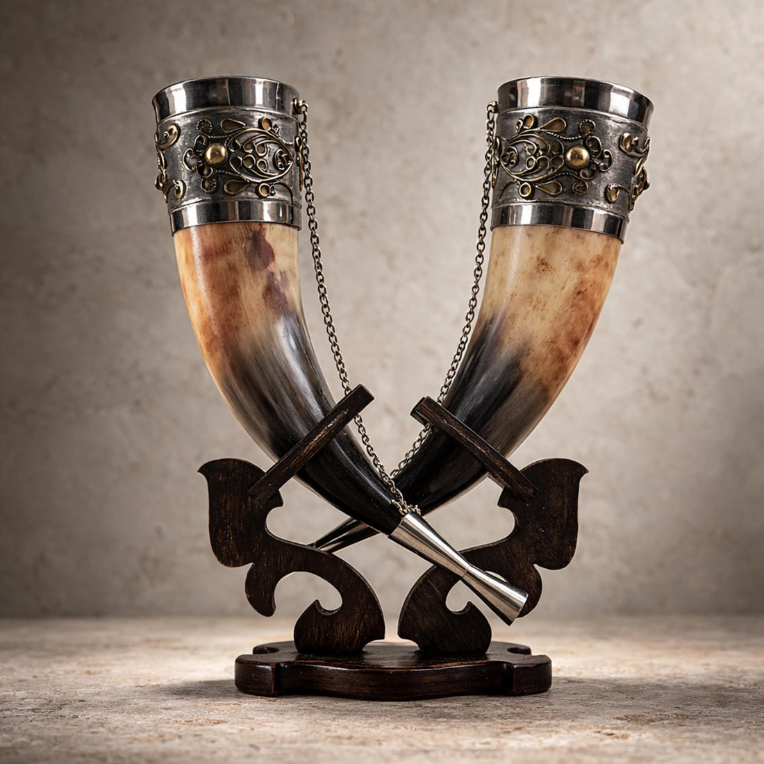 Viking Mug - Viking Drinking Horn Set with Wood Stand – Handcrafted Silver Filigree Norse Decor