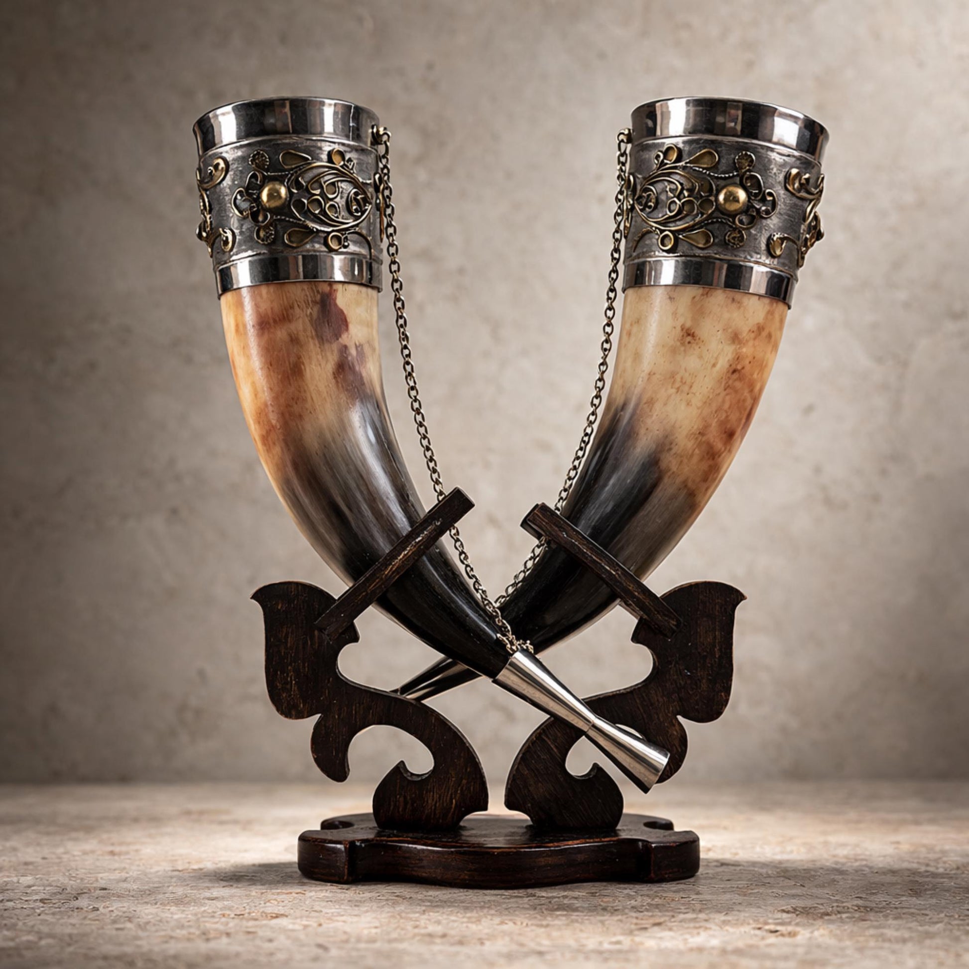 Viking Mug - Viking Drinking Horn Set with Wood Stand – Handcrafted Silver Filigree Norse Decor