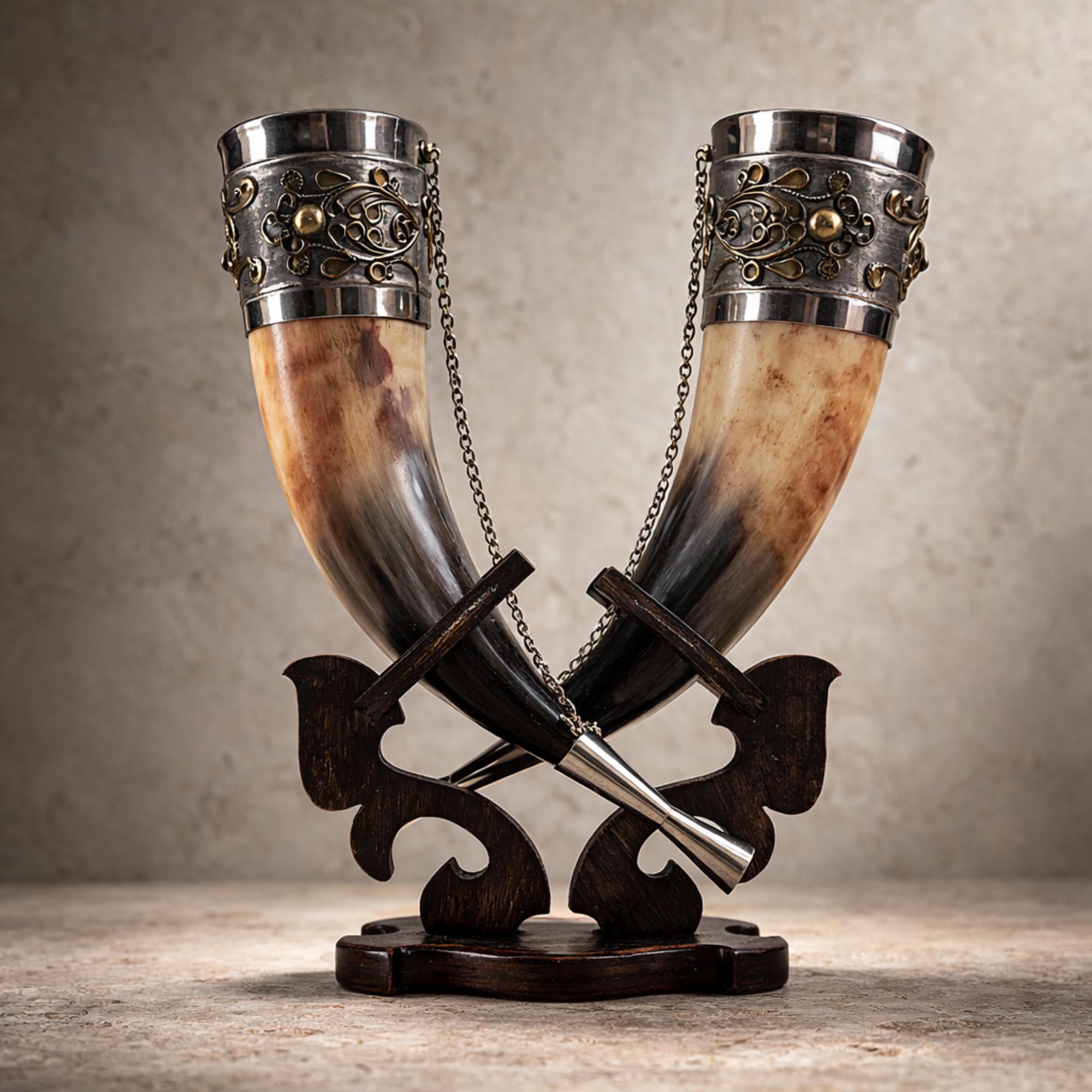 Viking Mug - Viking Drinking Horn Set with Wood Stand – Handcrafted Silver Filigree Norse Decor